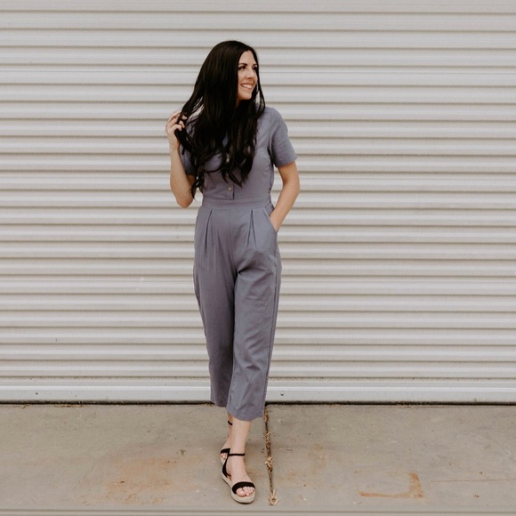 Short Sleeve Button Down Jumpsuit -Dusty Lavender - Picture 4 of 8